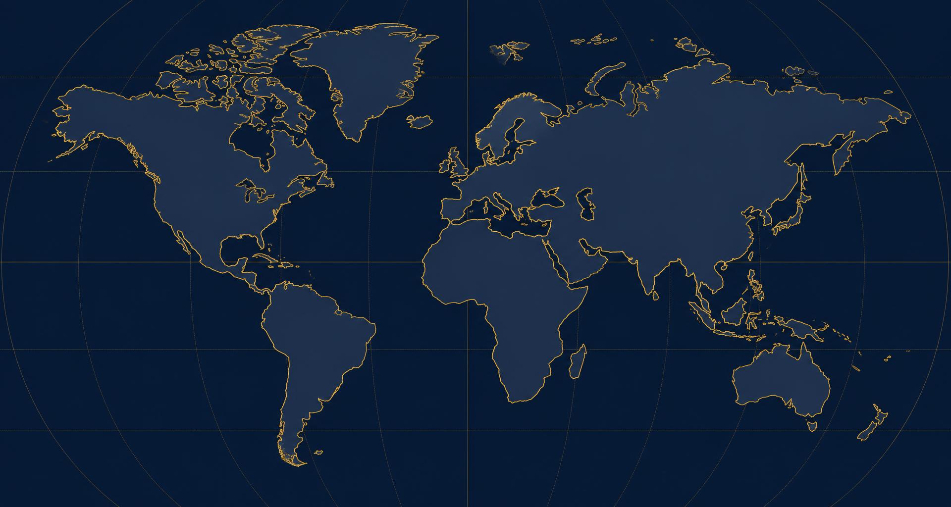A matte navy world map with softly glowing markets connected by gold arcs
